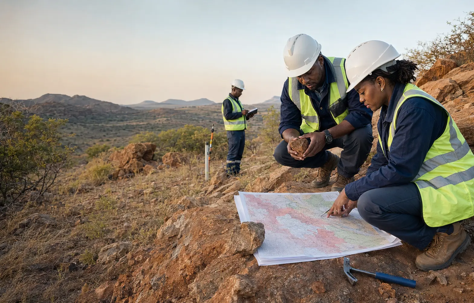 Illustrative team of geologists reviewing a field map and rock sample